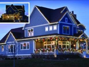 residential holiday lights graphic including two views of a home's exterior white lights and garland décor on the wrap around porch