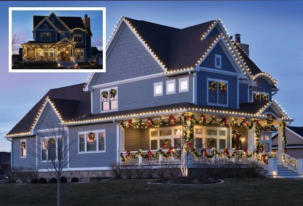 residential holiday lights graphic including two views of a home's exterior white lights and garland décor on the wrap around porch