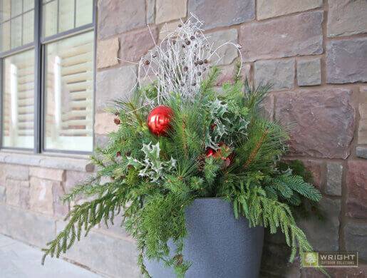 winter greens with red ornaments and pinecones